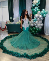 Encantador vestido de fiesta de sirena sin mangas con escote en V